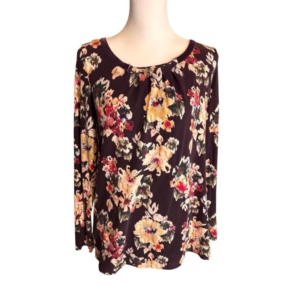 Lands' End Floral Long Sleeve Top Size 10-12 Burgundy Fall Blouse Cottagecore